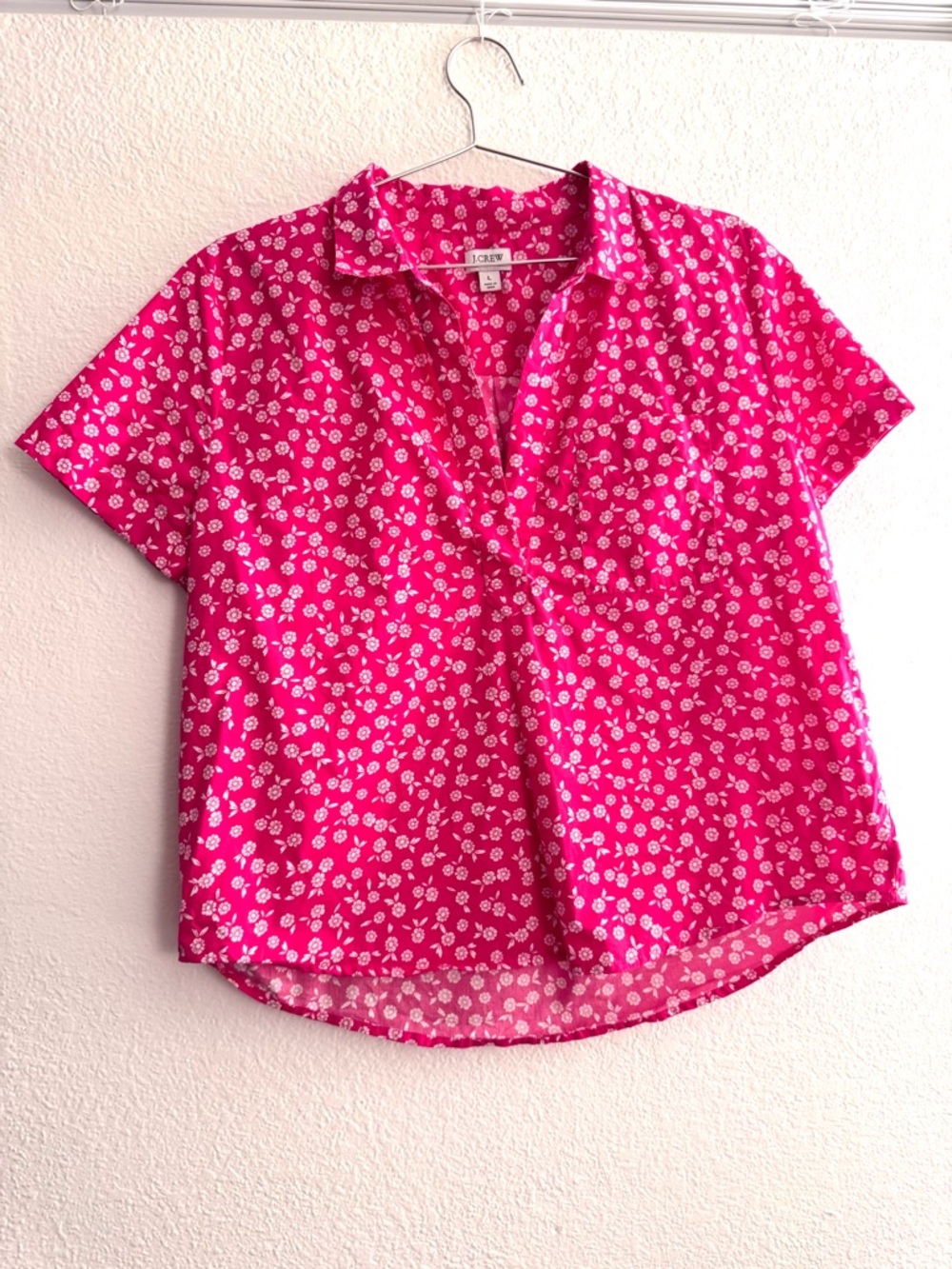 J.Crew Pink Floral Cotton Blouse Short Sleeve Collared Lightweight Top Size L